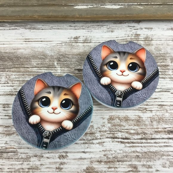 Cat Peek-a-Boo Zipper Car Coasters Set of 2 - Picture 6 of 7